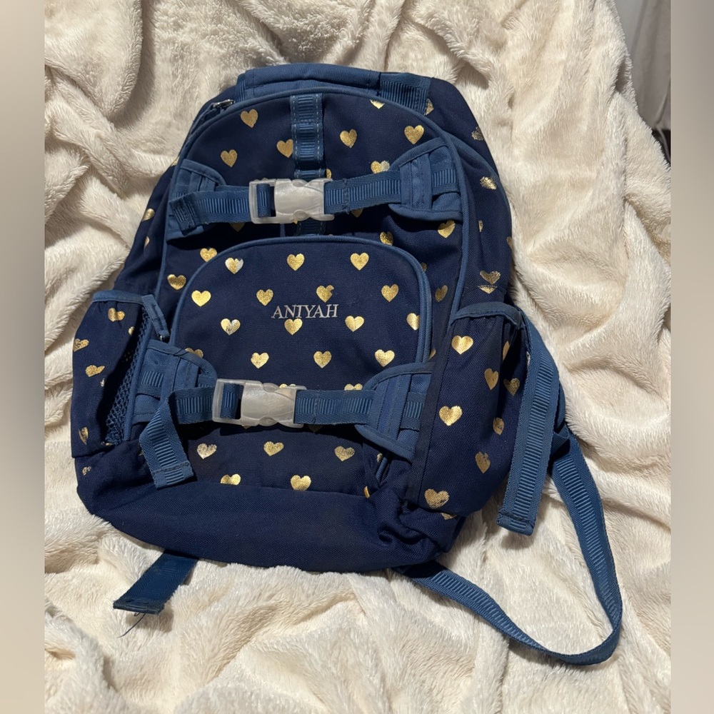 Pottery barn McKenzie navy gold heart book bag embroidered with the name Aniyah